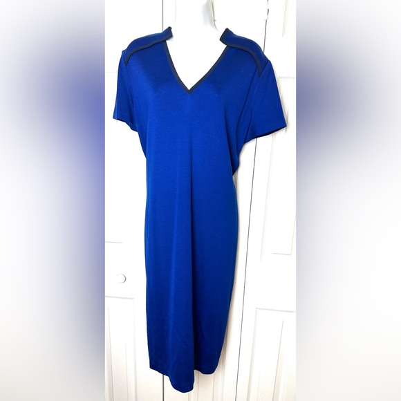 New ST. JOHN Cobalt Blue Dress Wool Shift Sheath Sweater Knit Navy Silk Trim - Picture 4 of 16